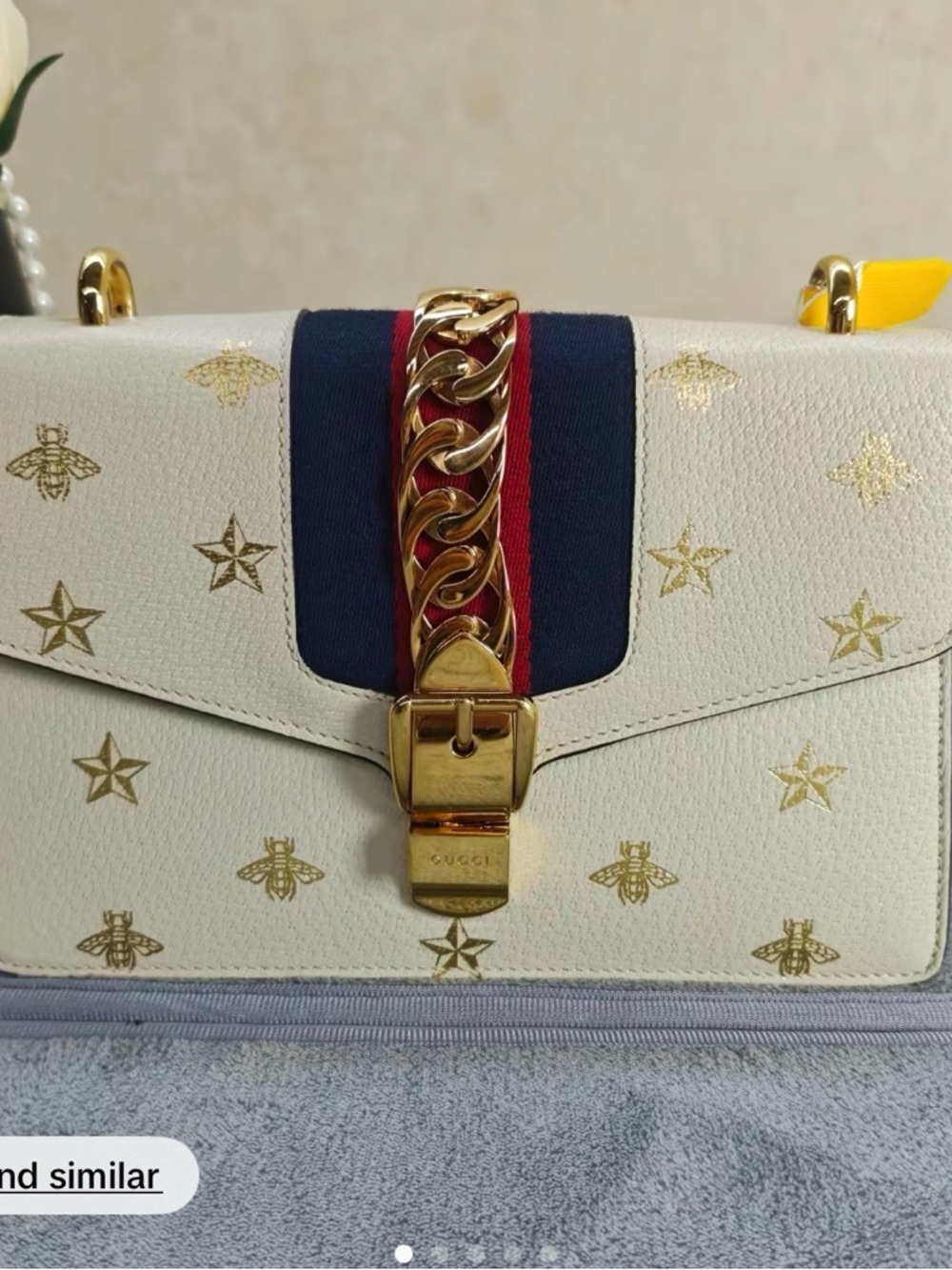 Gucci White Shoulder Bag with Navy & Red Web and Gold Hardware - Picture 6 of 7